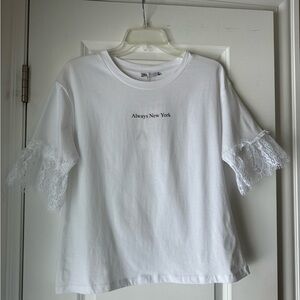 Zara “Always New York” Lace-Trimmed White T-shirt in Size Small